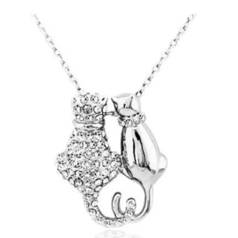shine rhinestones Couple cat kitten Pendant Necklace sweater chain fashion jewelry lover girl birthday gift quality party date