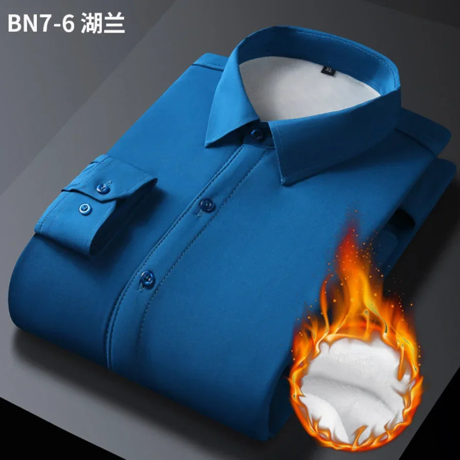 2023 Men's Autumn Winter Long Sleeve Shirts White Warm Fleece Stretch Shirt Formal Business Office Wear Dress Shirts Male M-5XL
