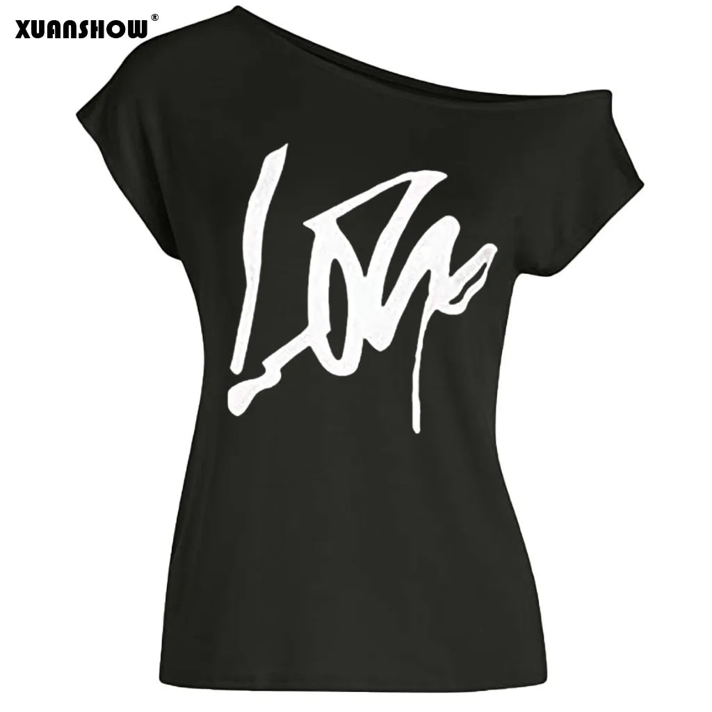 XUANSHOW 2022 Fashion Slouchy Tops Shirts Women's Casual Clothes Short Sleeve Sexy Love Print Off Shoulder T-Shirt
