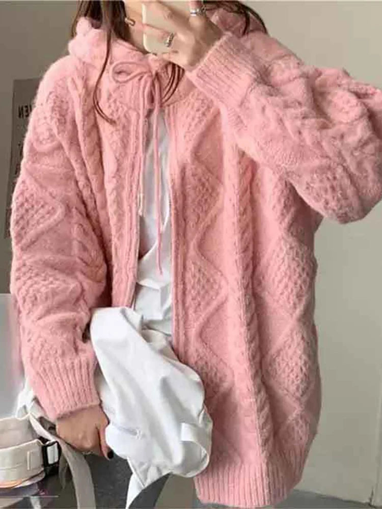 Women's Autumn/Winter Korean Vintage Sweater Knitted Coat Loose Cardigan Sweater Hooded Lazy Casual Sweater S-3XL
