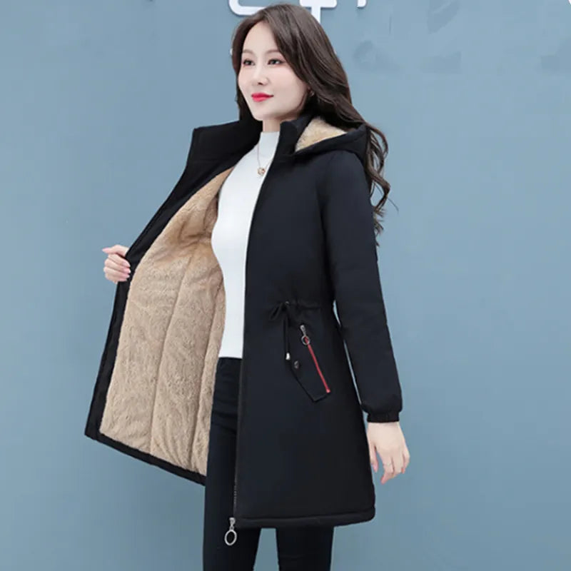 UHYTGF 2022 Parkas Jackets Womens Hooded Windproof Autumn Winter Cotton Coats Female Plush Thicken Cold Proof Warm Overcoat 1958