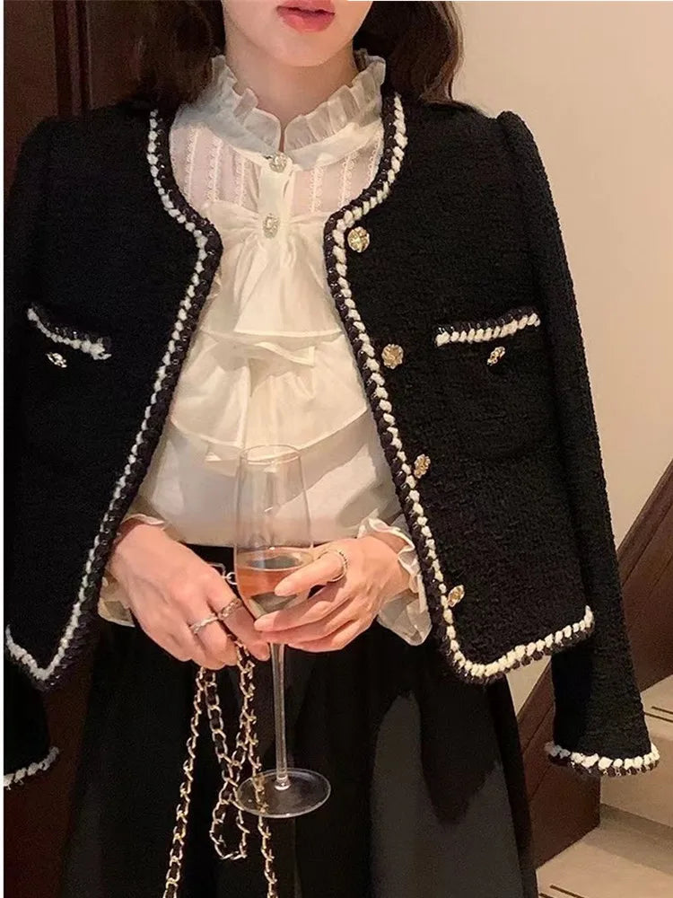SMTHMA French Style Small Fragrant Woolen Coat Women's Spring And Autumn Short Vintage High Quality Tweed Top
