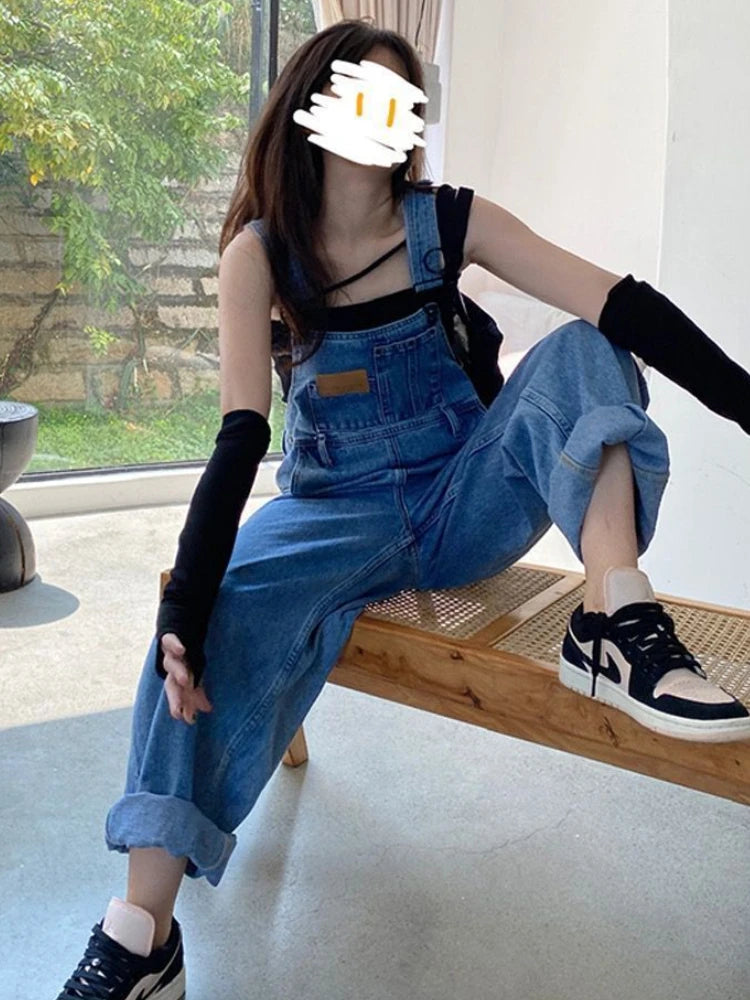 Women Jumpsuits Denim Trousers High Waisted Baggy Wide Leg Overalls American Street Teens Hip Hop College All-match Vintage Cool