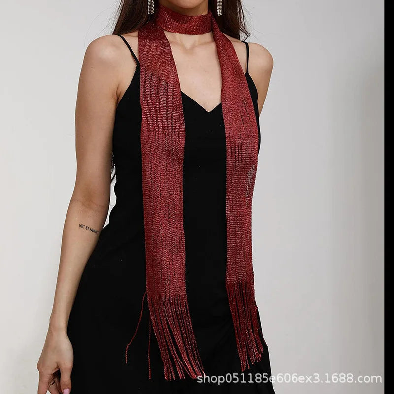 Fashion Nightclub Gold Silver Bright Silk Sunscreen Shawl Shiny Necklace For Women Lace Tassel Party Evening Dress Scarf V141