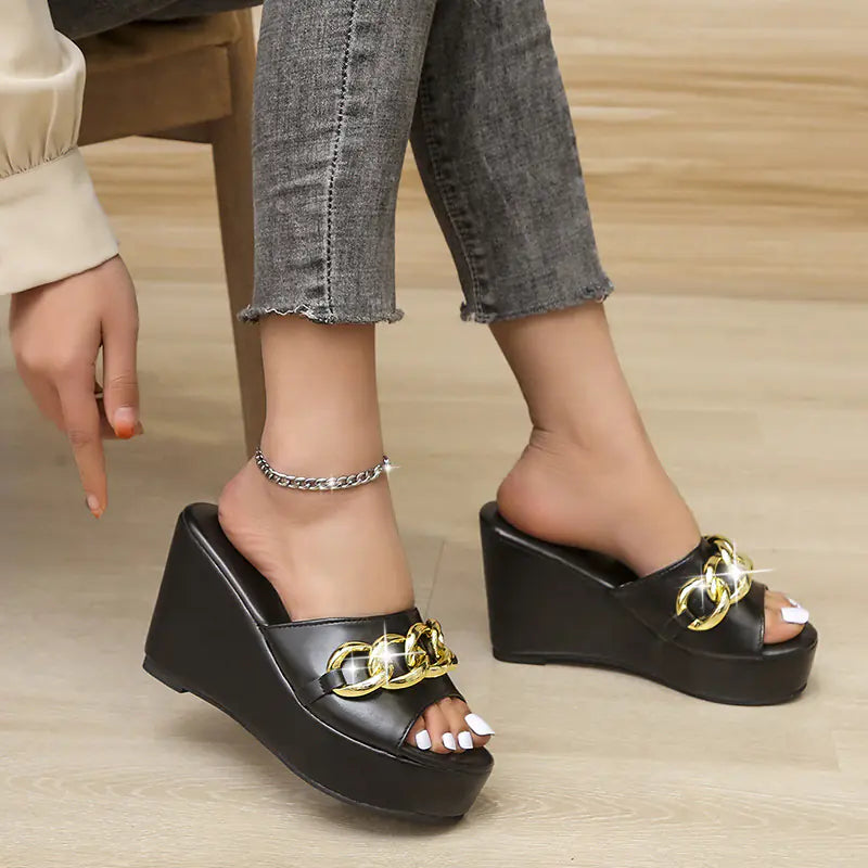 Gold Chain High Heel Wedge Slippers for Women