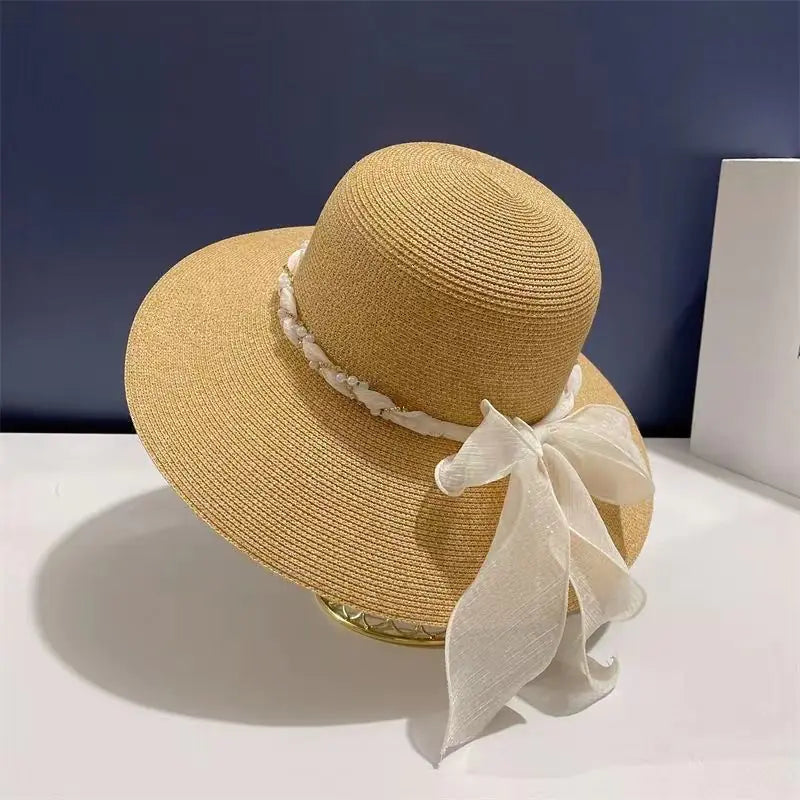 French Lace Strap Big Brim Beach Hat for Women