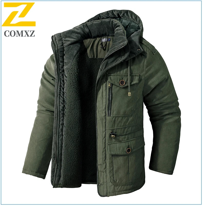 High Quality Fleece Jacket Men's Winter Vintage Warm Thick Hooded Parka 2024 Camping Snow Cold-proof Pocket Coat Men's Clothing