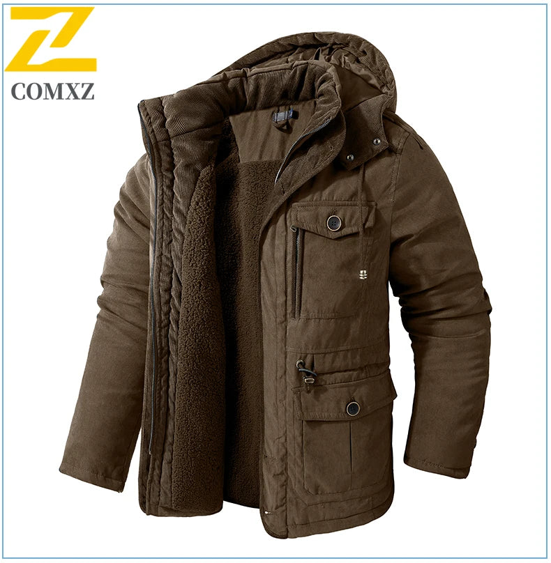High Quality Fleece Jacket Men's Winter Vintage Warm Thick Hooded Parka 2024 Camping Snow Cold-proof Pocket Coat Men's Clothing