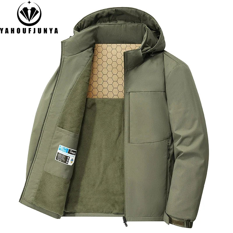 Winter Men Fleece Warm Outdoor Windproof Detachable Hooded Jacket Men Solid Zipper Waterproof Casual Fashion Jacket Male Coat
