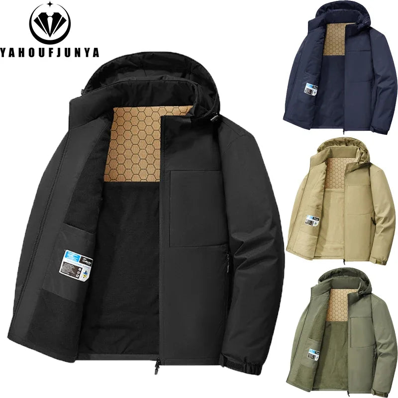 Winter Men Fleece Warm Outdoor Windproof Detachable Hooded Jacket Men Solid Zipper Waterproof Casual Fashion Jacket Male Coat