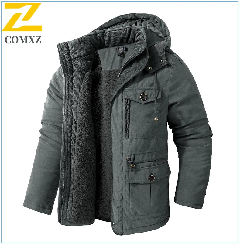 High Quality Fleece Jacket Men's Winter Vintage Warm Thick Hooded Parka 2024 Camping Snow Cold-proof Pocket Coat Men's Clothing