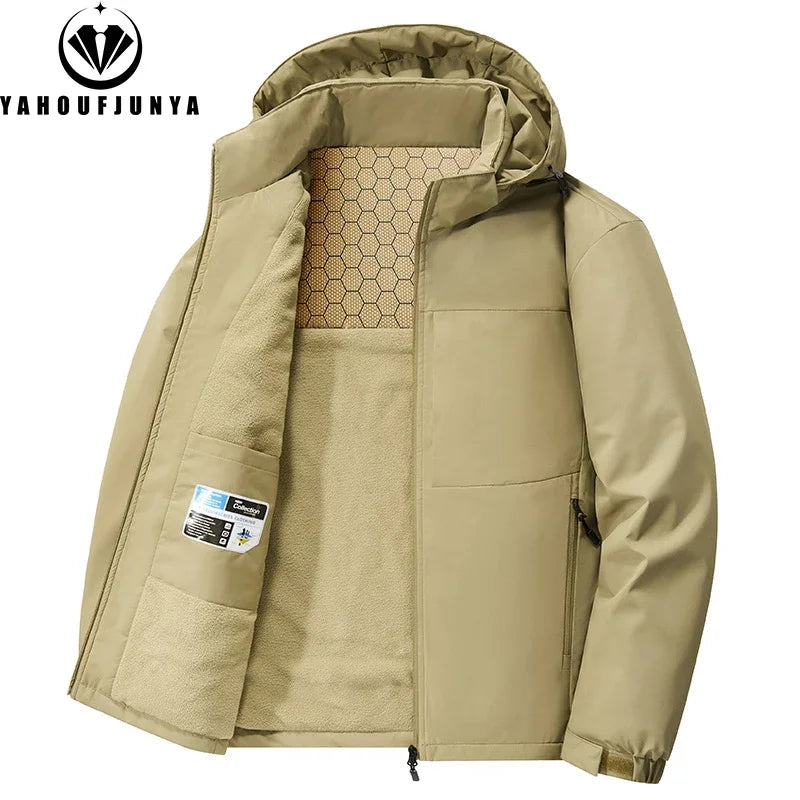 Winter Men Fleece Warm Outdoor Windproof Detachable Hooded Jacket Men Solid Zipper Waterproof Casual Fashion Jacket Male Coat