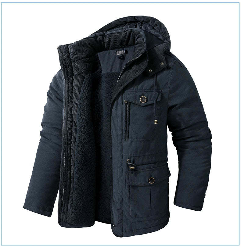 High Quality Fleece Jacket Men's Winter Vintage Warm Thick Hooded Parka 2024 Camping Snow Cold-proof Pocket Coat Men's Clothing