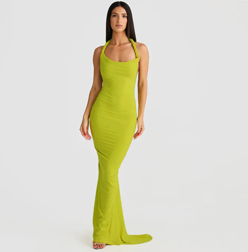 Chic Backless Halter Pleated Sheath Maxi Dress