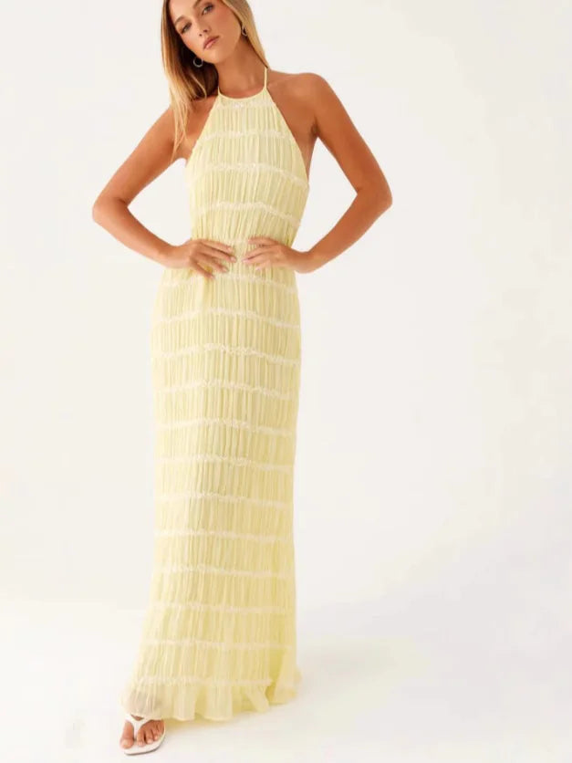 Backless Pleated Stripe Fabric Halter Maxi Dress