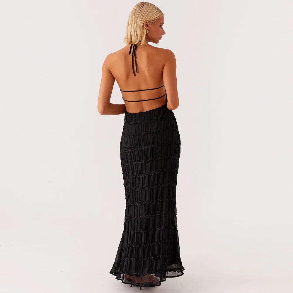 Backless Pleated Stripe Fabric Halter Maxi Dress