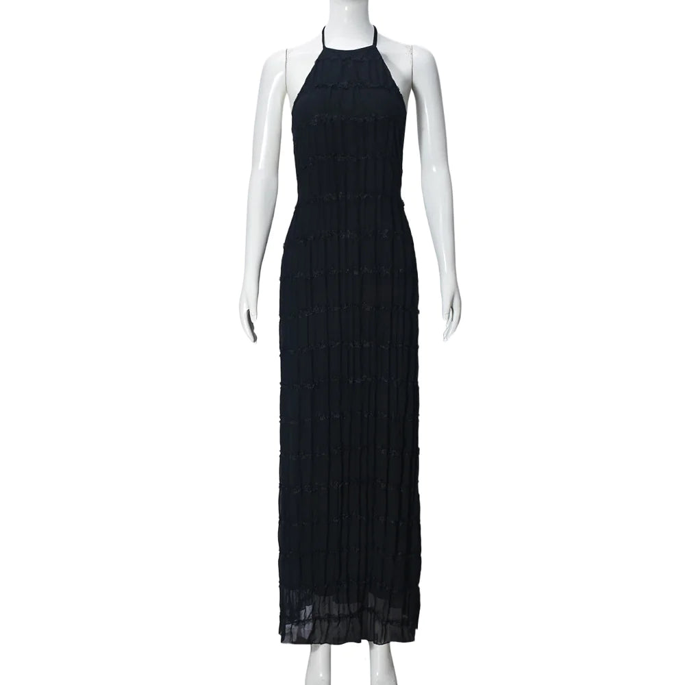 Backless Pleated Stripe Fabric Halter Maxi Dress