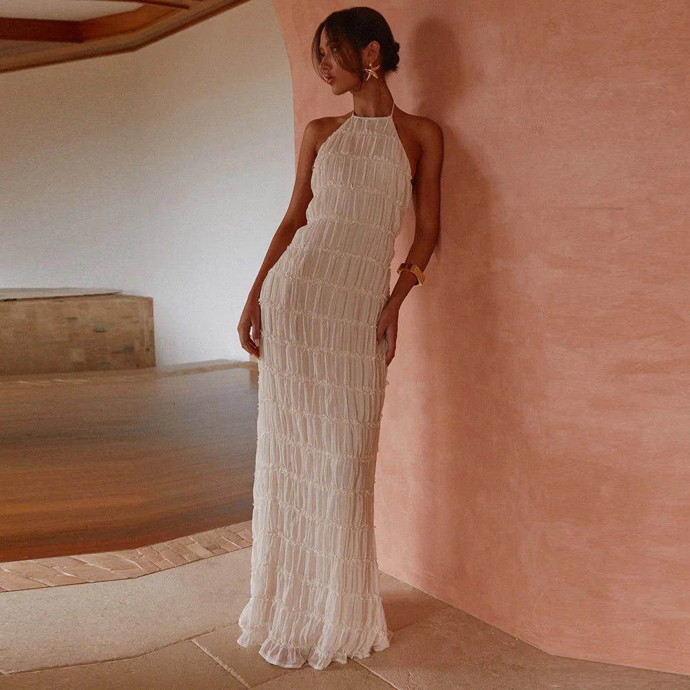 Backless Pleated Stripe Fabric Halter Maxi Dress