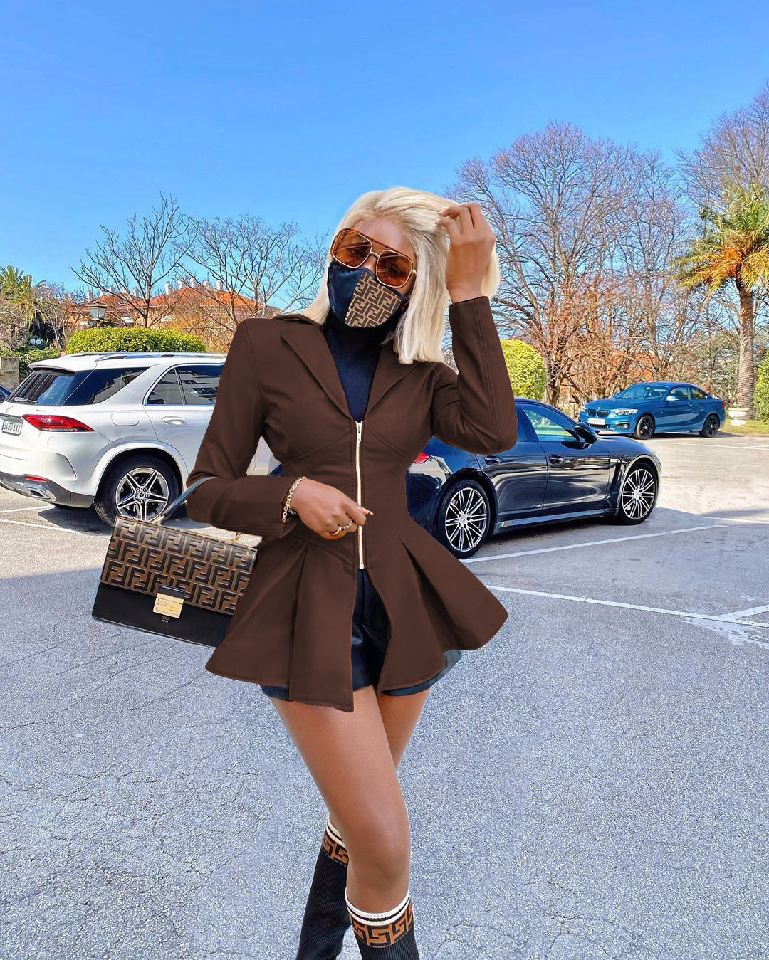 PU Leather Full Sleeve Lapel Zipper Coat Without Mask  WZ-8347