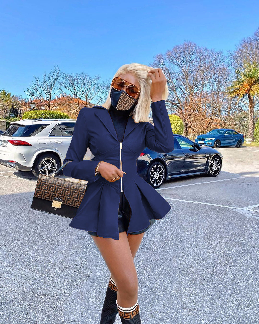 PU Leather Full Sleeve Lapel Zipper Coat Without Mask  WZ-8347