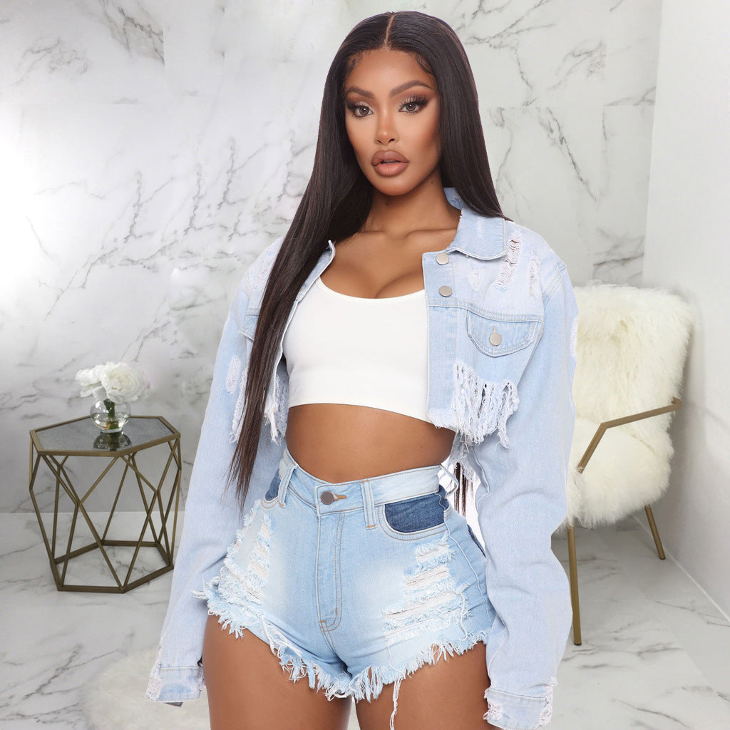 Denim Ripped Tassel Cropped Jacket Coat SMR-9828