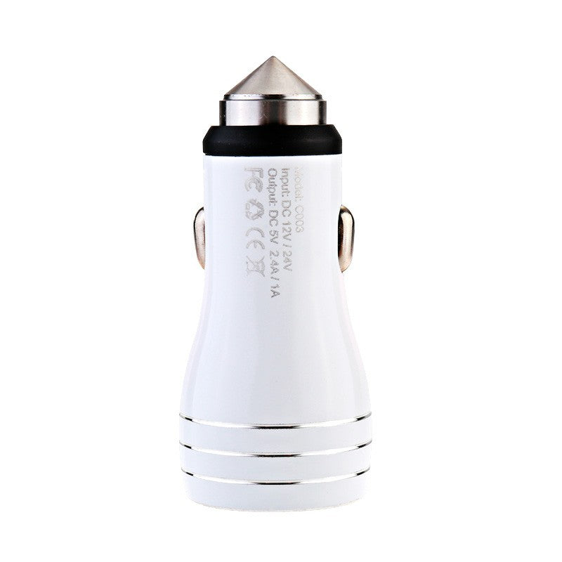 5V 2.4A / 1A Dual USB Car Socket Charger Mini Bullet Safety Hammer Car Charger for Smart Mobile Phones - White