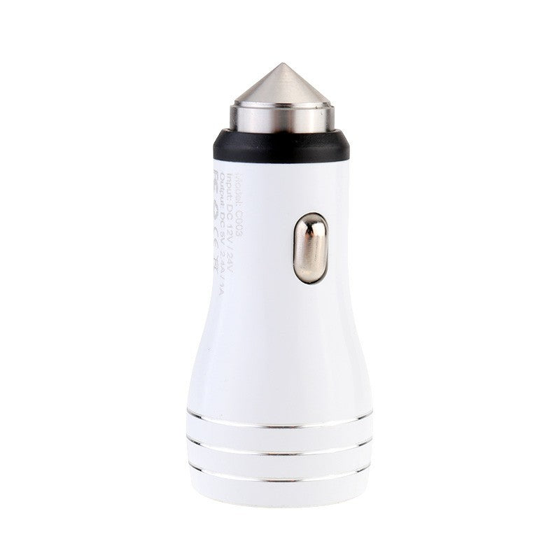 5V 2.4A / 1A Dual USB Car Socket Charger Mini Bullet Safety Hammer Car Charger for Smart Mobile Phones - White