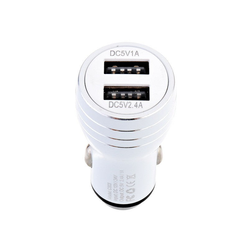 5V 2.4A / 1A Dual USB Car Socket Charger Mini Bullet Safety Hammer Car Charger for Smart Mobile Phones - White