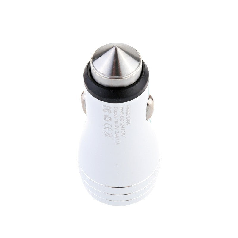 5V 2.4A / 1A Dual USB Car Socket Charger Mini Bullet Safety Hammer Car Charger for Smart Mobile Phones - White