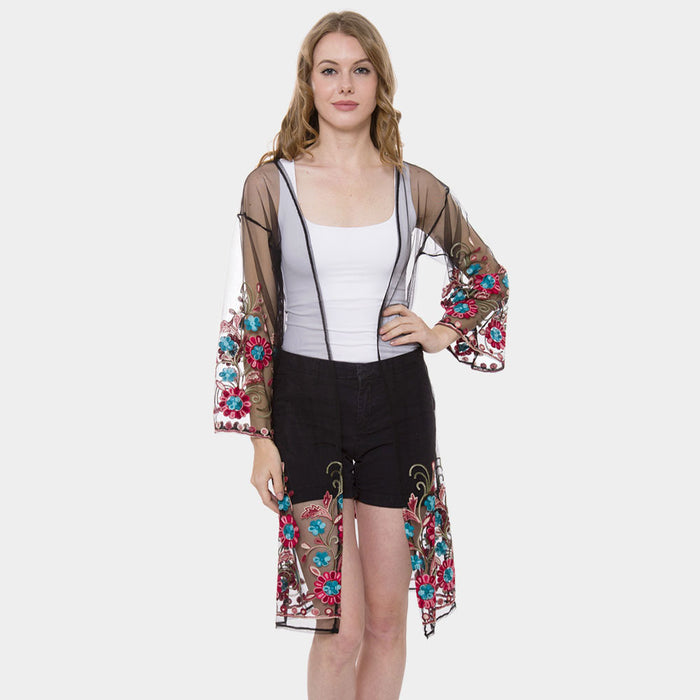 Sheer Mesh Embroidered Floral Topper / Cover Up / Kimono Poncho