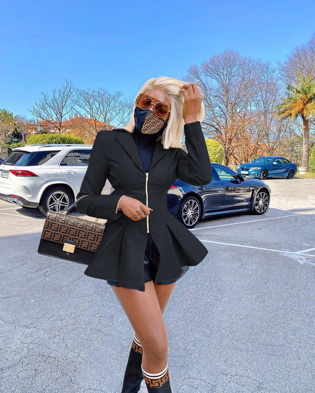 PU Leather Full Sleeve Lapel Zipper Coat Without Mask  WZ-8347